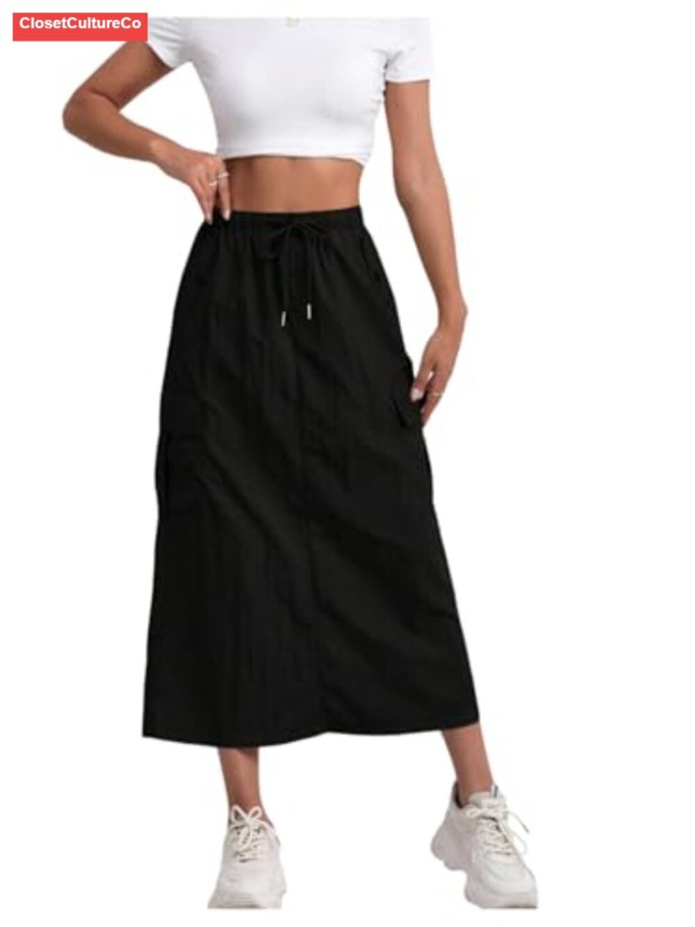 Y2K Long Cargo Skirt Split Drawstring Waist A Line Pockets Polyester